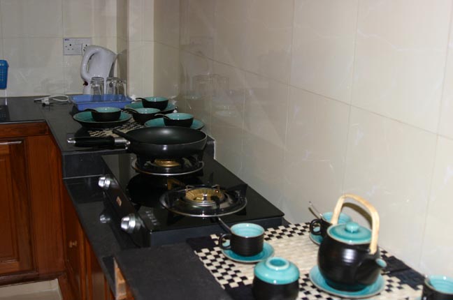 Kitchenette with stove and refrigerator